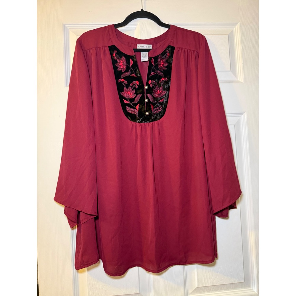 Catherines Blouse Womens 1X Burgundy Floral Embroidered Velvet Bib Bell Sleeve